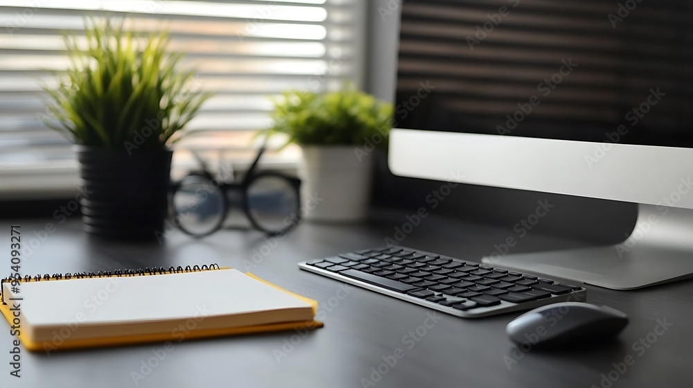 Poster a minimalist workspace with a notebook, keyboard, and mouse