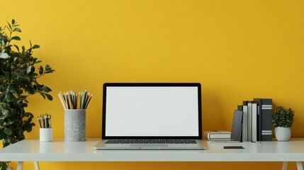 Fototapeta premium Creative worktable with blank screen laptop, stationery and books on white table with yellow wall