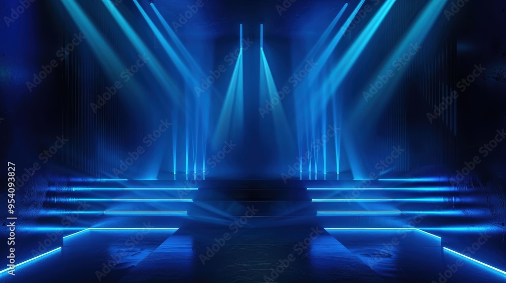 Poster a futuristic stage design illuminated by blue lights, creating an atmospheric setting for performanc