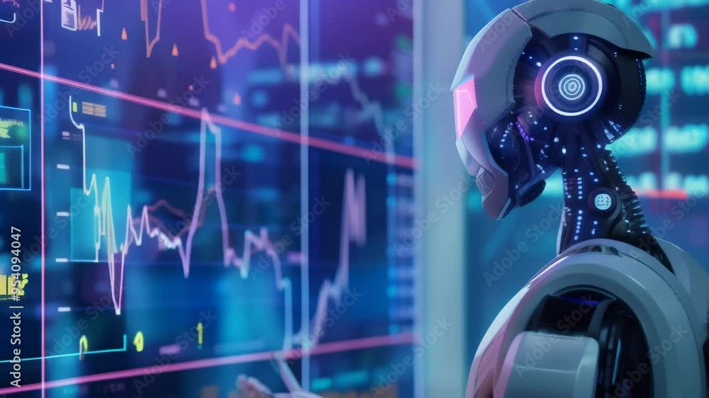 Aufkleber Humanoid robot analyzing data on multiple screens in a control room. Symbolizes AI and data processing.