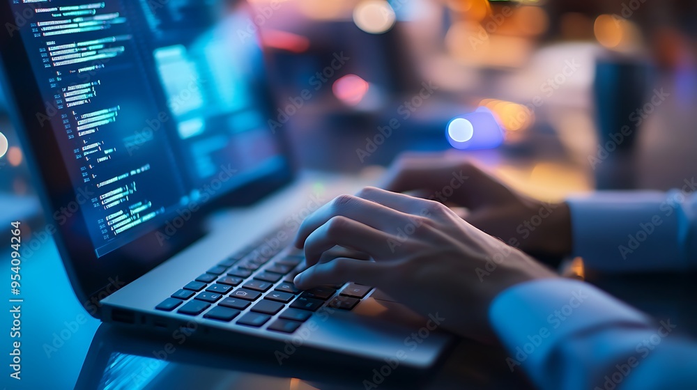Poster close-up of hands typing on a laptop with code visible on the screen