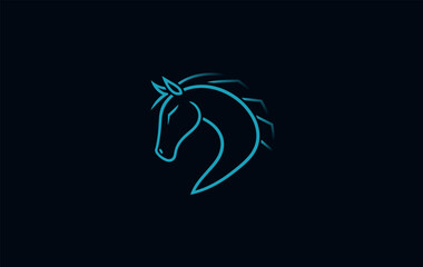 Minimalist line art of a horse's head, in blue color, with simple shapes on a dark background, in a modern style.