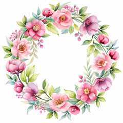 watercolor round floral frame with pink flowers