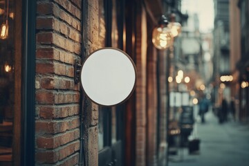 Empty white circular iron shop sign on wall of downtown cafe / bookstore in hipster area - storefront identity - urban retail space - mockup design