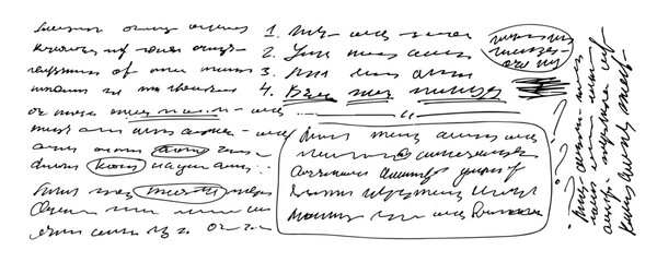 Doodle illustration of illegible text, abstract vintage background of illegible ink-written poetry.  Sweeping handwriting with crossed out words. Vector illustration of a poetic work written by a pen.