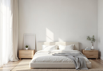 Modern Flat Minimalist Bedroom Interior with Blank Wall Mock-up