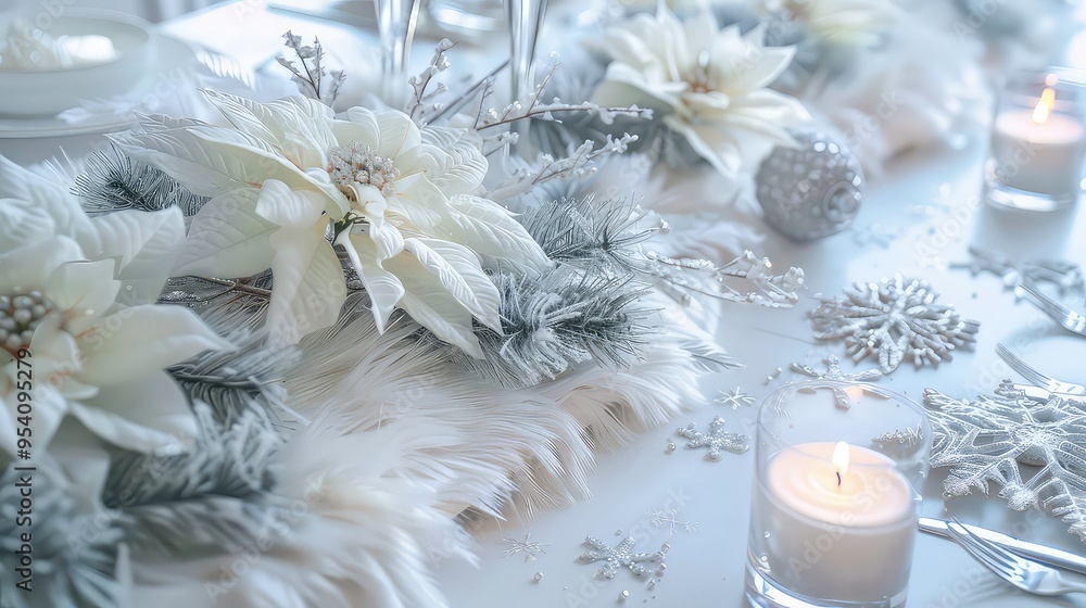 Wall mural white poinsettia and silver snowflakes with a burning candle on a white table setting.