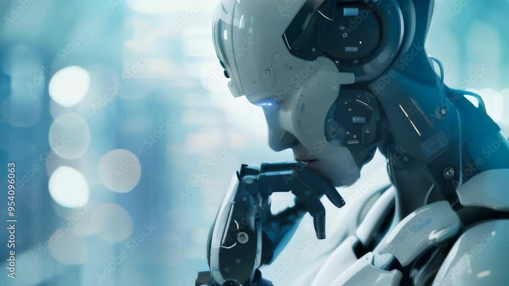 Poster Humanoid robot deep in thought with bokeh lights in the background. Concept of AI, advanced robotics, and cybernetic contemplation.
