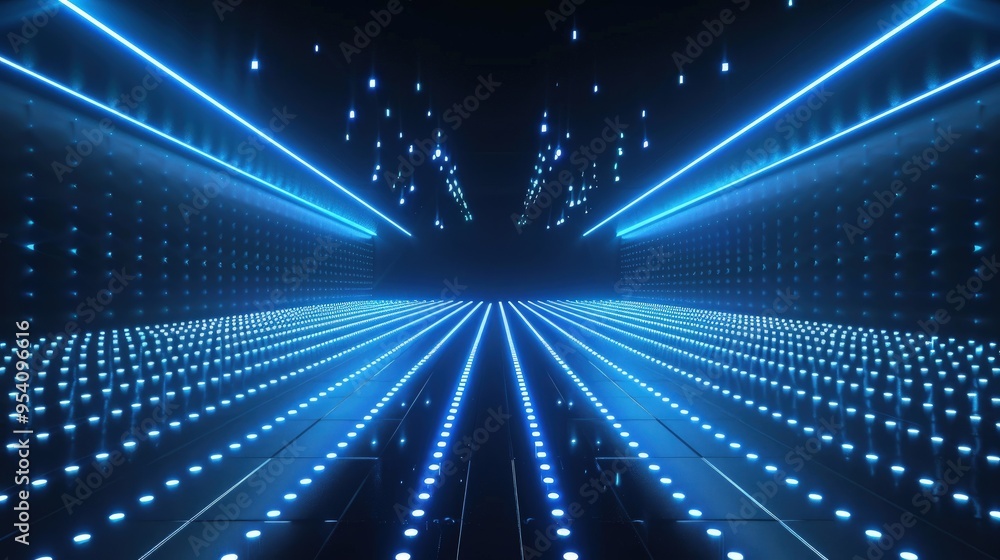 Poster a futuristic, illuminated corridor featuring blue lights and a grid pattern, creating a dynamic visu