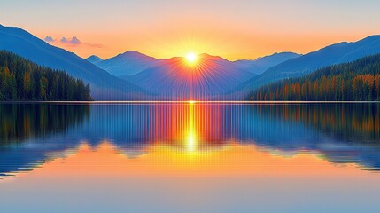 Fototapeta premium The scene depicts a vast expanse of water, dwarfed by majestic mountains lining its edge The sun hovers overhead, casting an ethereal radiance on everything beneath