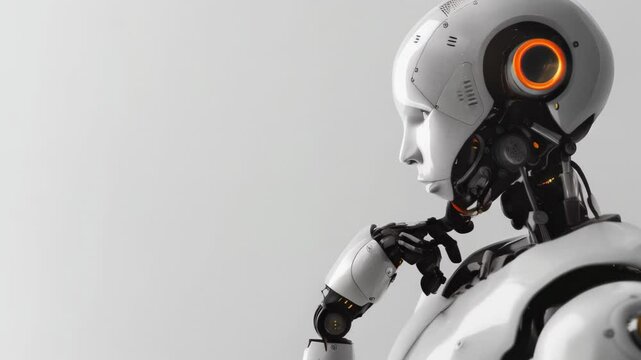 Minimalist white humanoid robot with orange accents in thoughtful pose. AI and futuristic technology concept.