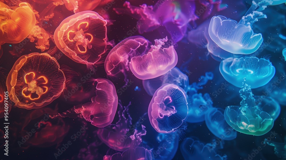 Poster a vibrant underwater scene featuring glowing jellyfish in various colors, creating a mesmerizing and