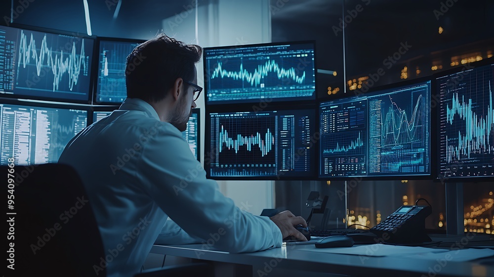 Aufkleber man analyzing financial data on multiple monitors in a dark office