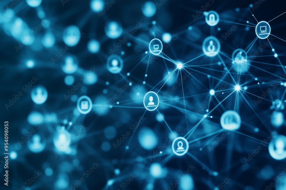 Aufkleber on a blurred background, a network of connections between users is visible.