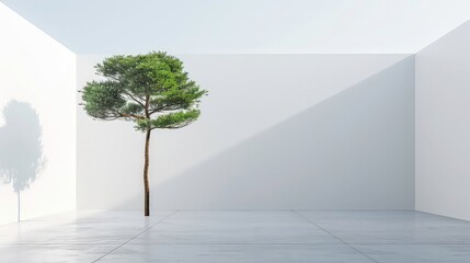 Obraz premium A lone tree stands in a white room with a white floor and white walls, casting a shadow on the wall.