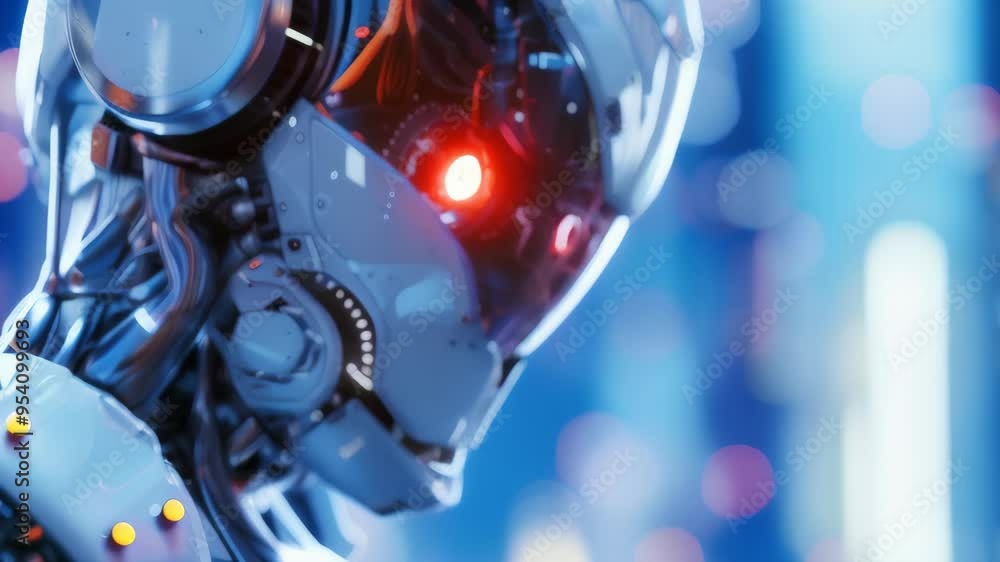 Poster close-up of a futuristic humanoid robot with glowing red eyes, set against a cyberpunk city backdrop