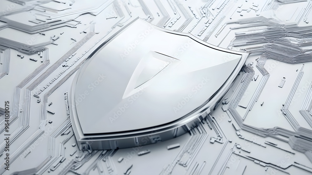 Poster cyber security safety shield in minimalistic style. 3d vector illustration. white background
