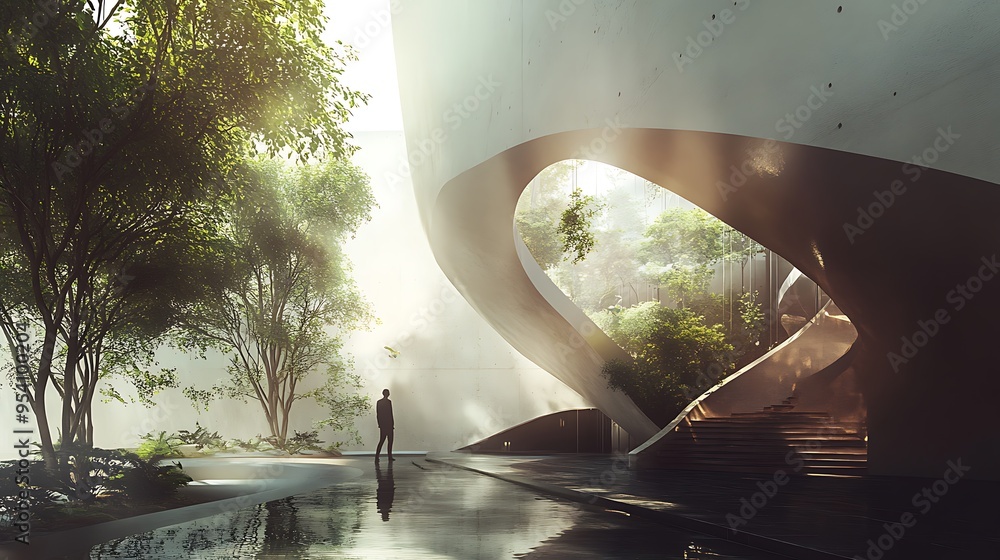 Poster man standing in a modern building with a view of trees and a pool of water