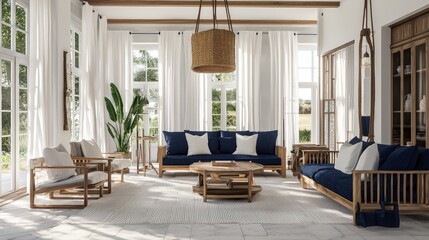 Luxurious 3D render of a farmhouse lounge with navy blue accents and wooden details.