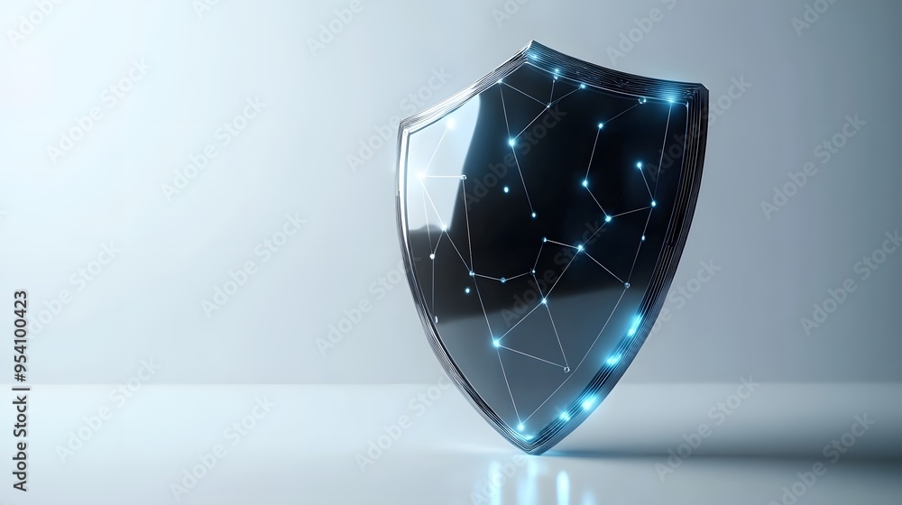 Poster cyber security safety shield in minimalistic style. 3d vector illustration. white background