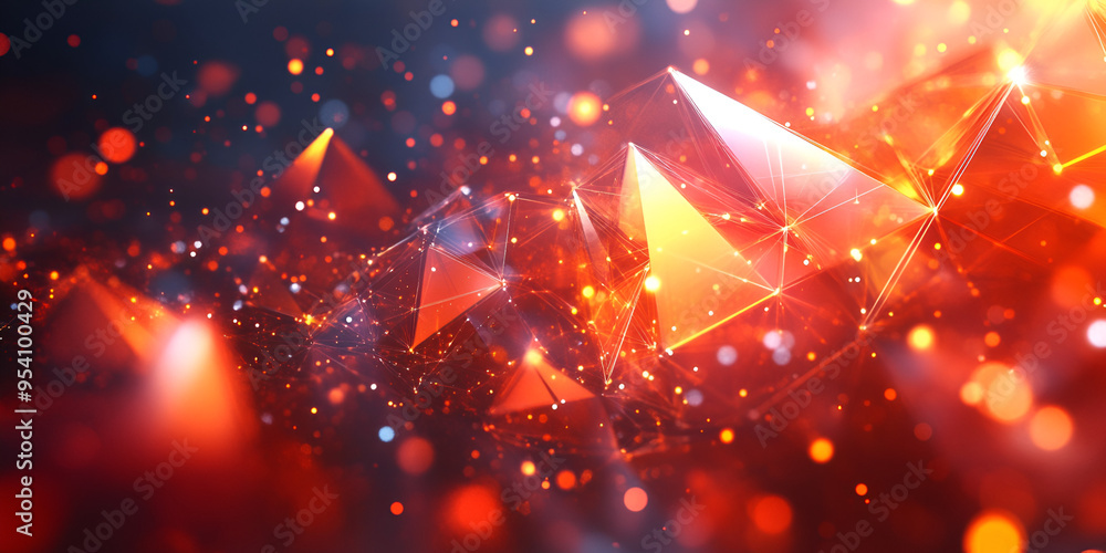 Poster abstract geometric composition with glowing red and orange triangles on a dark background showcasing