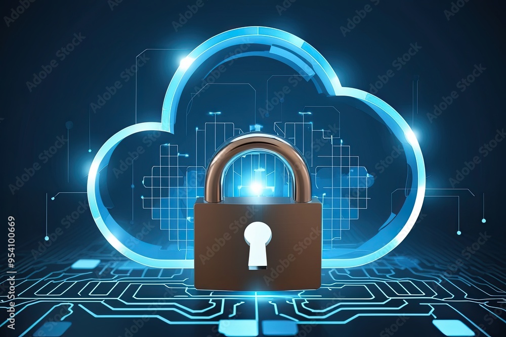 Poster innovative cloud data security design featuring a unique motif with a secure padlock icon emphasizin
