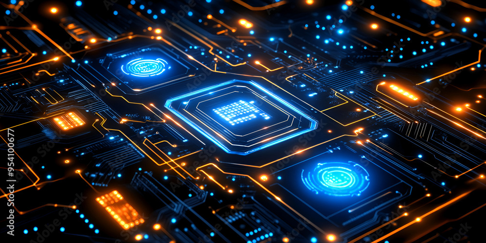 Poster close-up view of a futuristic circuit board featuring glowing blue and orange components in a dark s