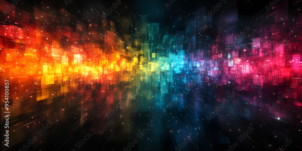 Poster colorful abstract light patterns create a digital landscape with vibrant colors and a shimmering eff