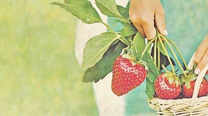 Obraz premium A close-up shot of a woman holding a woven strawberry basket against a green and white backdrop