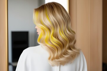 Naklejka premium Luxurious Smooth Wavy Blond Hair with Yellow Highlights for Premium Wellness Care