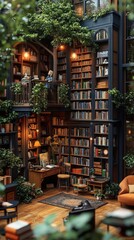 Naklejka premium A cozy library filled with bookshelves and a tree, creating a warm, inviting atmosphere for reading.