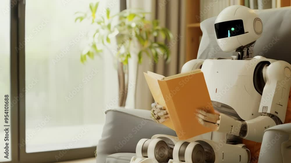Poster humanoid robot reading a book in a cozy living room. represents ai integration in daily life.
