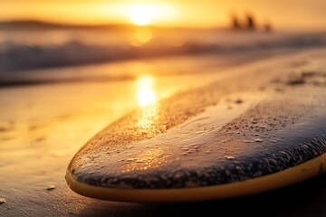 Surfboard resting on the beach at sunset with golden light reflecting on wet sand