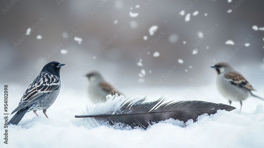 Poster a flock of birds perched atop a snowy mound beside bird feathers and a quill