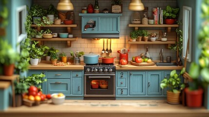 A vibrant toy farmhouse kitchen featuring blue cabinets, shelves full of plants, vegetables, and cooking utensils.