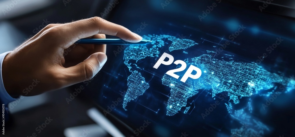 Aufkleber in a computer screen simulation, a businessman draws a p2p structure.
