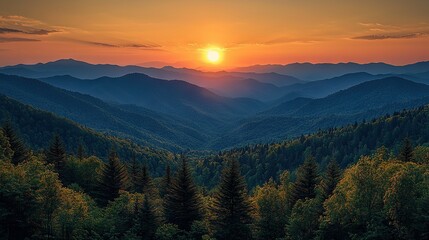 Obraz premium The sun is setting over the mountains with trees in the foreground and a forest in the background