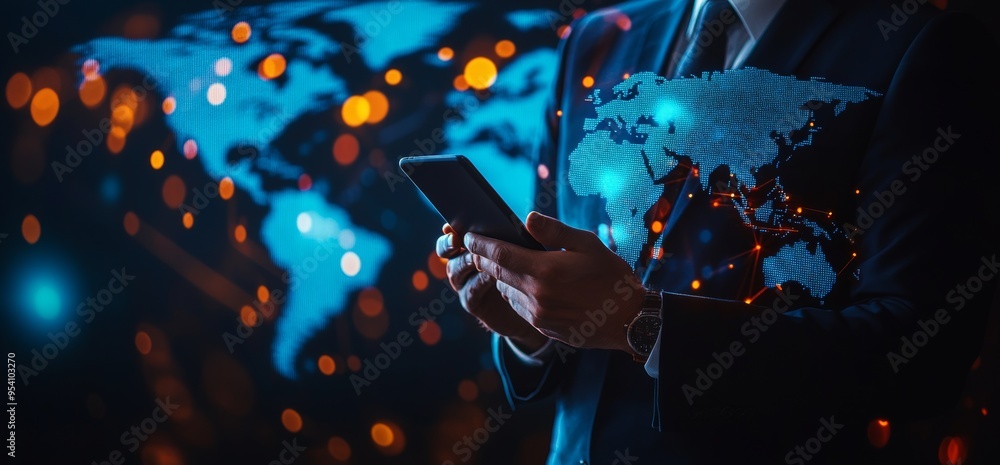 Poster businessman using a mobile device to view a world map.
