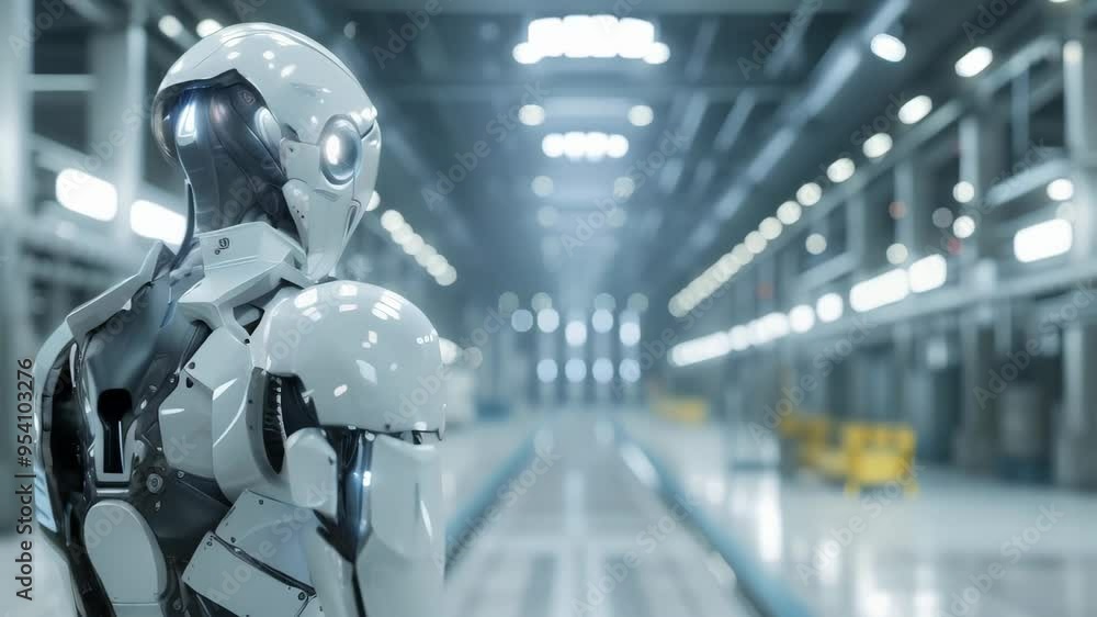 Poster Advanced humanoid robot standing in a high-tech industrial setting, representing the future of robotics and automation. AI-driven manufacturing and innovation