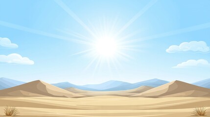   A sunny day in the desert features a brilliant sun overhead and sand dunes in the foreground, while majestic mountains loom in the background