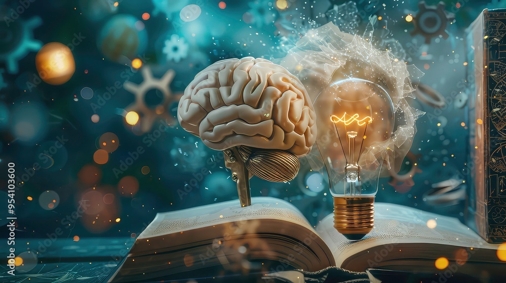 Poster a human brain and a lightbulb on an open book, with sparks flying and bokeh effects in the backgroun