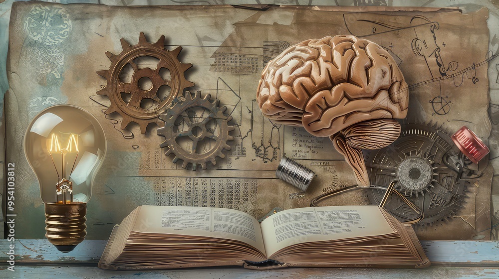 Poster a human brain resting on an open book, with a lightbulb and gears around it. this image represents t