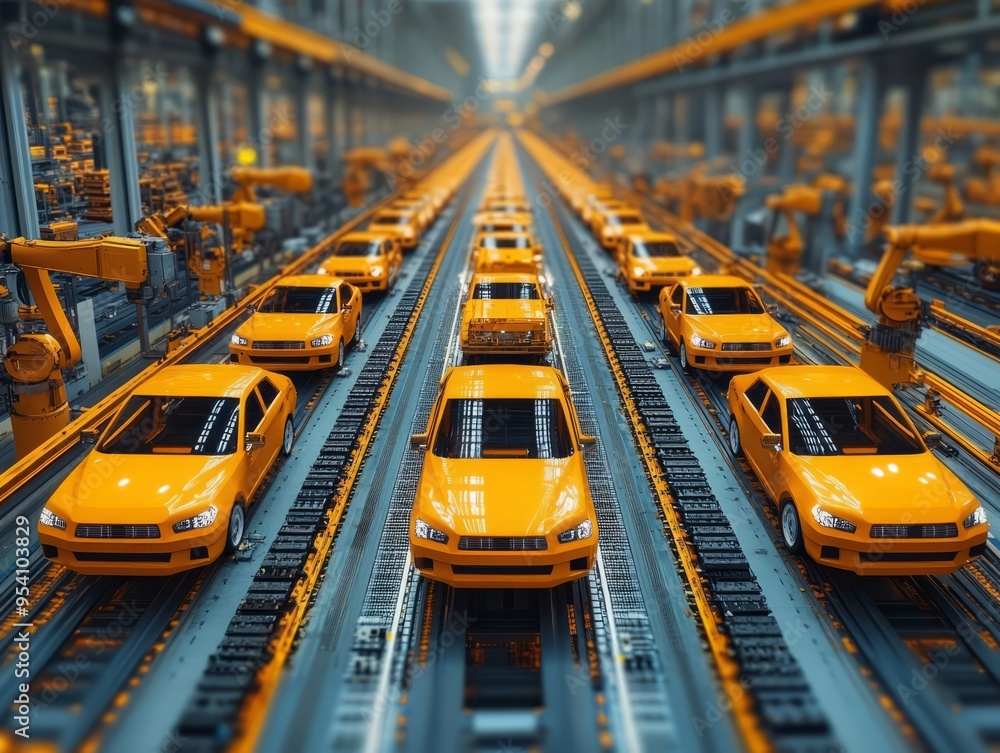 Poster a modern manufacturing cell with multiple robots performing precise assembly tasks in an industrial 