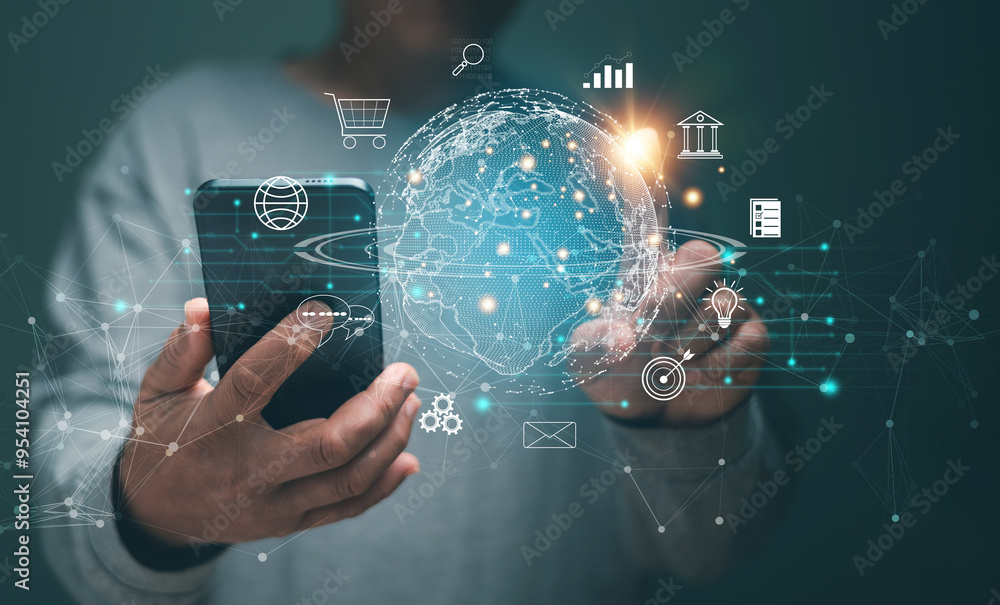 Poster Businessman using application on smartphone for network connect, Digital link tech, Business global internet connection application technology and digital marketing, big data, Internet of Things.