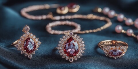 Obraz premium A collection of jewelry, including a ring, a necklace, and a bracelet, is displayed on a blue cloth