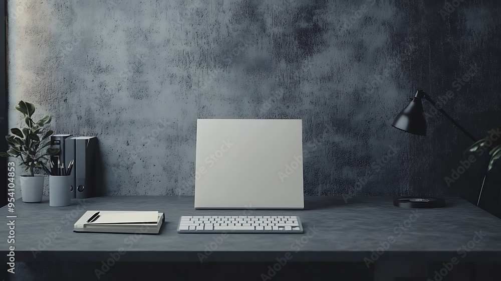 Poster minimalist desk setup with blank canvas, keyboard, and lamp
