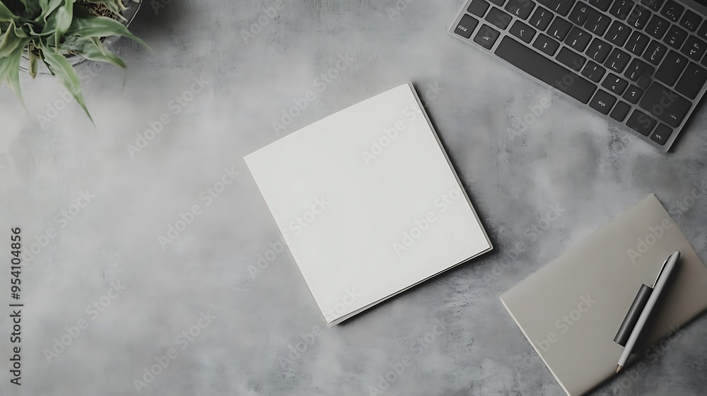 Poster blank notebook and keyboard on grey surface