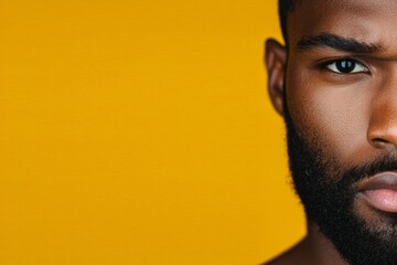Closeup half face crop of serious African American man with beard on yellow background - portrait - advertisement - diversity