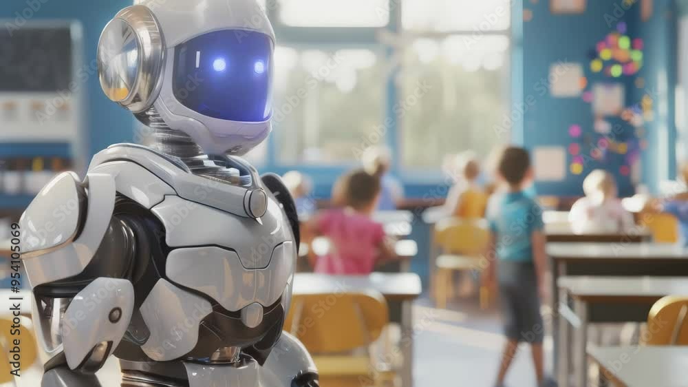 Poster humanoid robot in a bright classroom full of children, symbolizing the future of education with ai. 
