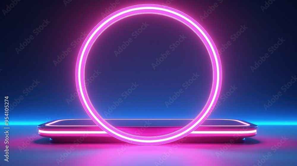 Poster a futuristic neon display featuring a glowing circular frame over a sleek platform.
